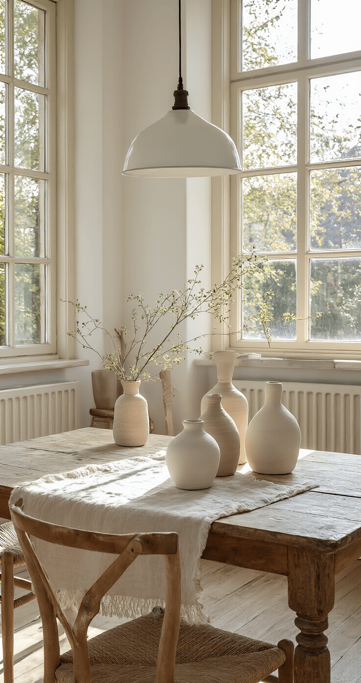 Rustieke woonkamer met grote ramen en ochtendzonnelicht. Verweerde houten tafel met zelfgemaakte waxinelichthouders van witte klei, versierd met subtiele patronen en matte finish. Linnen zandkleurige tafelloper. Warm en authentiek sfeer, natuurlijk licht van links.