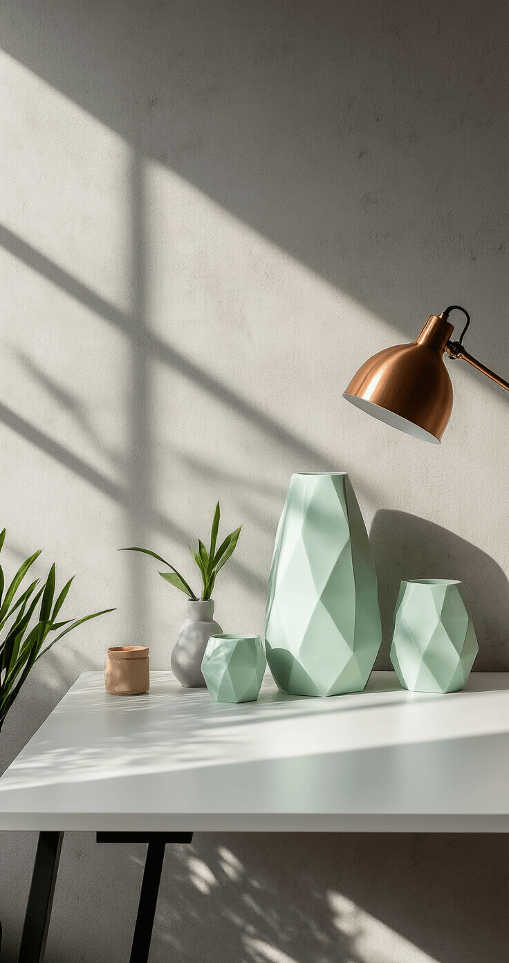 Moderne werkhoek van 2x3m met wit bureau tegen betonlook muur, verlicht door late middaglicht. Geometrische waxinelichthouders in mintgroen en grijs, minimalistische styling met koperen lamp en vetplanten.