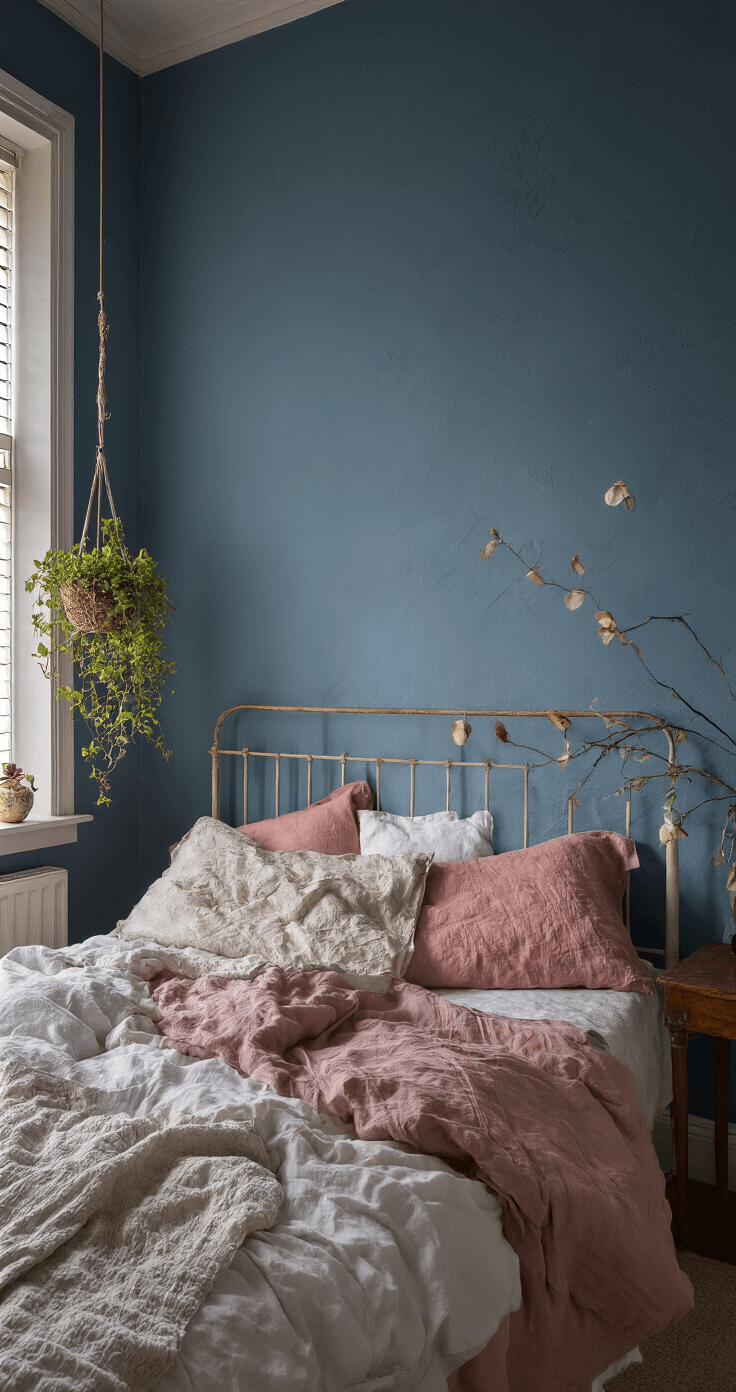Knusse slaapkamer tijdens blue hour met vintage nachtkastje en handgemaakte waxinelichthouders in aardetinten. Zacht beddengoed in gebroken wit en roze tinten, omringd door kamerplanten die zachte schaduwen creëren.