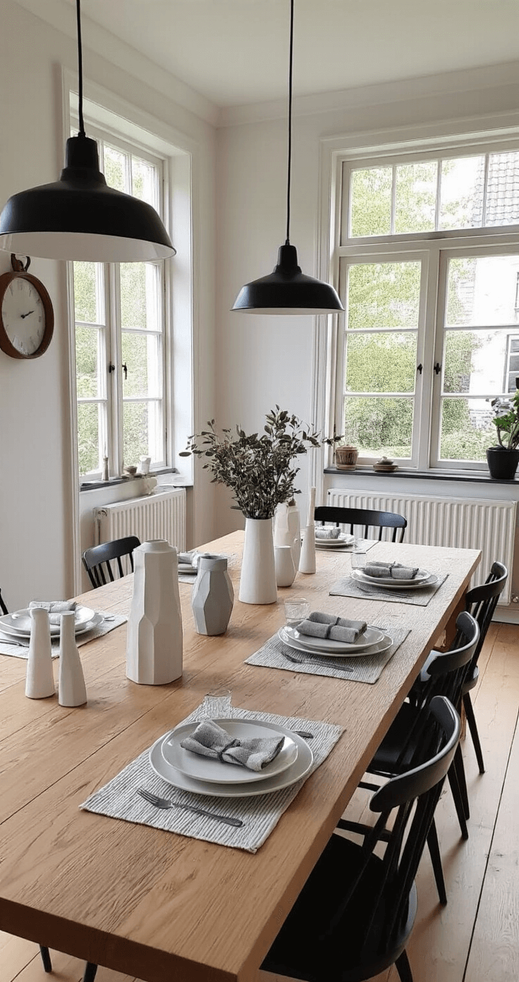 Scandinavische eetkamer met een lange eiken eettafel, linnen placemats en geometrische waxinelichthouders in wit en grijs. Avondlicht op witte muren en houten vloer met zwarte accenten. Tafelhoogte opname met ondiepe scherptediepte en gezellige hygge sfeer.