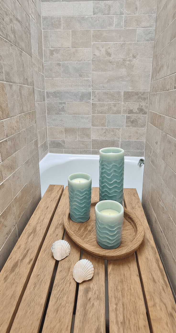 Compacte badkamer van 2x2,5 meter met natuursteen tegels, verlicht met zachte, serene sfeer. Op een houten plank bij het bad staan zeeblauwe en zandkleurige waxinelichthouders met golfpatronen en schelpmotieven. Camera gericht op de waxinelichthouders met stoomeffect.