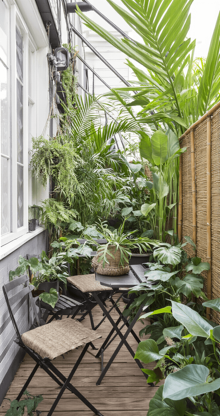 Stedelijke jungle balkon met een industriële bistroset, handgemaakte waxinelichthouders tussen weelderige planten, bamboe windscherm en jute kussens in de schemering.