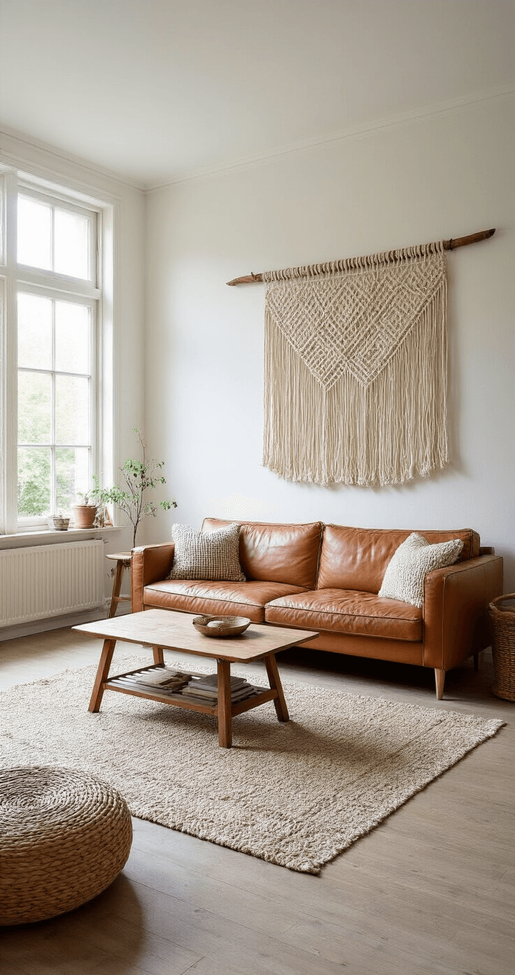 Lichte woonkamer met hoge plafonds, grote ramen en een macramé wandhanger boven een vintage leren bank, ingericht met groene planten en aardetinten.