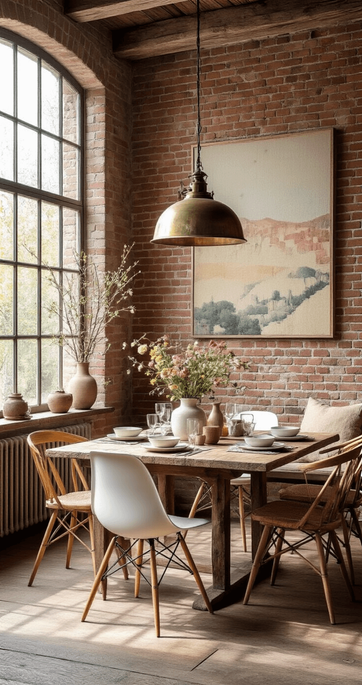 Knusse eetkamer met bakstenen accentmuur en fotocollage, ochtendzon door industriële ramen, vintage houten tafel met pastelkleurige Eames stoelen, messing hanglamp, verse bloemen en keramische vazen, warme sfeer.