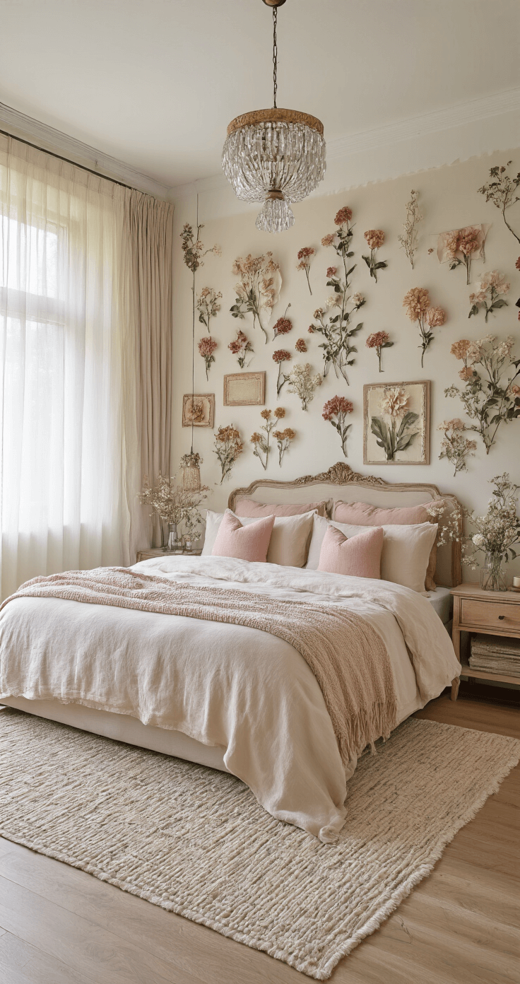 Romantische slaapkamer met botanische muurdecoratie van gedroogde bloemen in vintage lijsten, zacht gefilterd licht door kanten gordijnen, kingsize bed met linnen beddengoed in zachtroze en beige, fluwelen kussens en geweven sprei, kristallen nachtkastlampen, sereen en luxueuze sfeer.