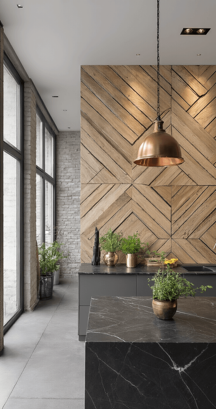 Industriële loft keuken met betonnen muur en geometrisch houten wandkunstwerk, dramatiche spotverlichting, zwart marmeren kookeiland, koperen hangende pannenrek, versieringen met verse kruiden, houten snijplanken en metalen accessoires, vanuit een hoog perspectief.