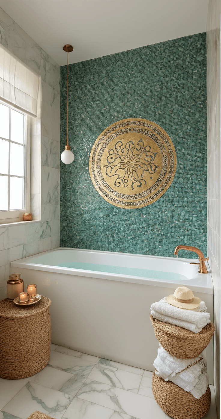 Mediterrane badkamer met handgemaakte zeegroen en gouden mozaïekmuur, ochtendlicht door matglazen raam, vrijstaand wit bad op marmeren vloer, Turks handdoeken, koperen accessoires en geurende kaarsen voor een luxueuze spa-sfeer.