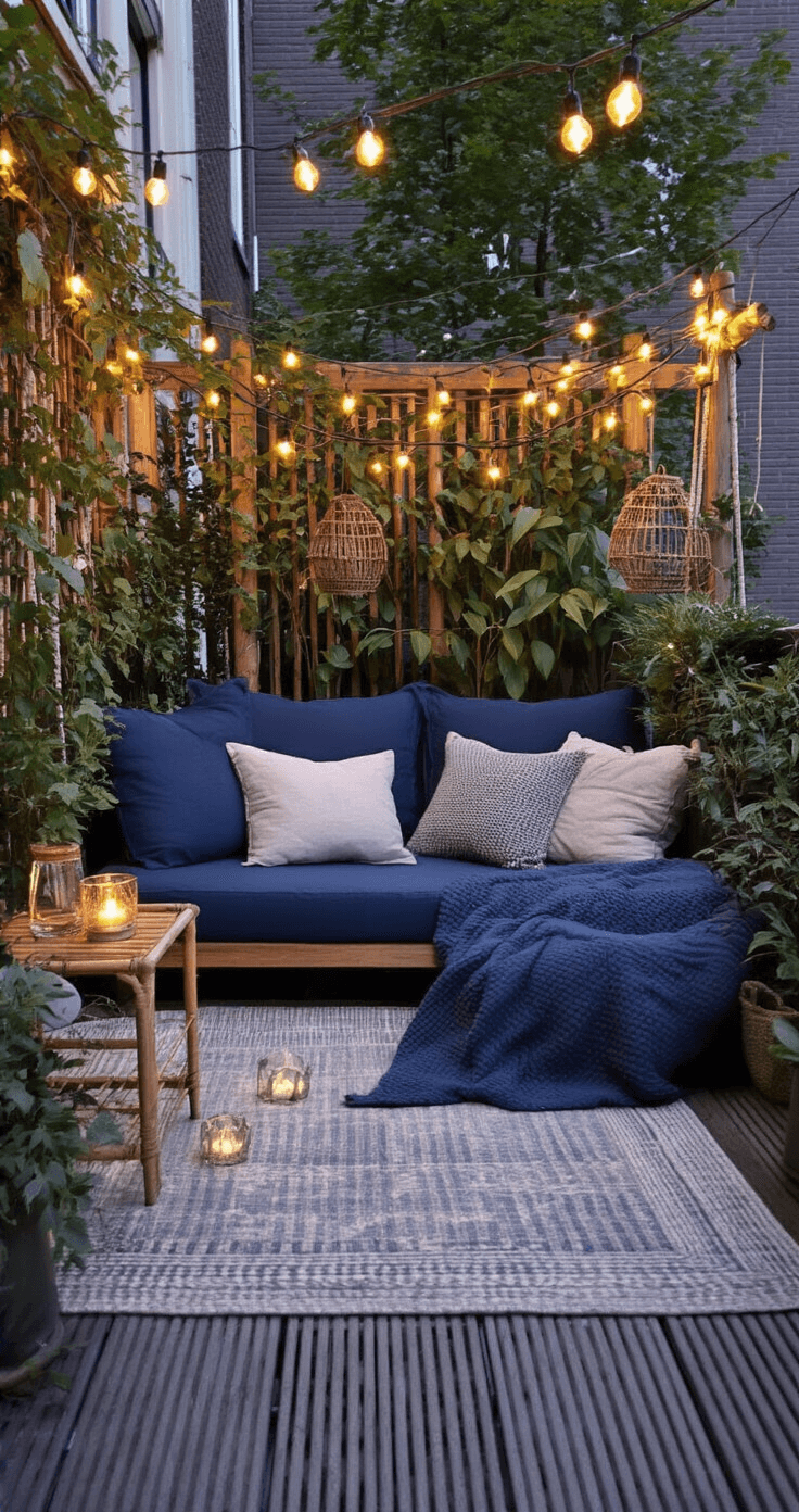 Compacte balkonsetting tijdens het gouden uurtje met navy blauw loungebed, gestapelde oceaankleurige kussens, hangende string lights, en een bamboe bijzettafel met glazen windlicht.