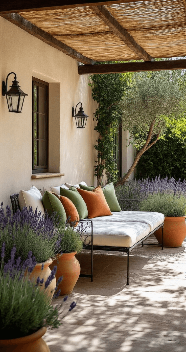 Mediterrane patio van 3x4m met een klassieke ijzeren dagbed, gebroken wit outdoor linnen kussen, olijfgroene en terracotta accent kussens. Terracotta potten met lavendel en een geweven rieten parasol creëren schaduwpatronen.
