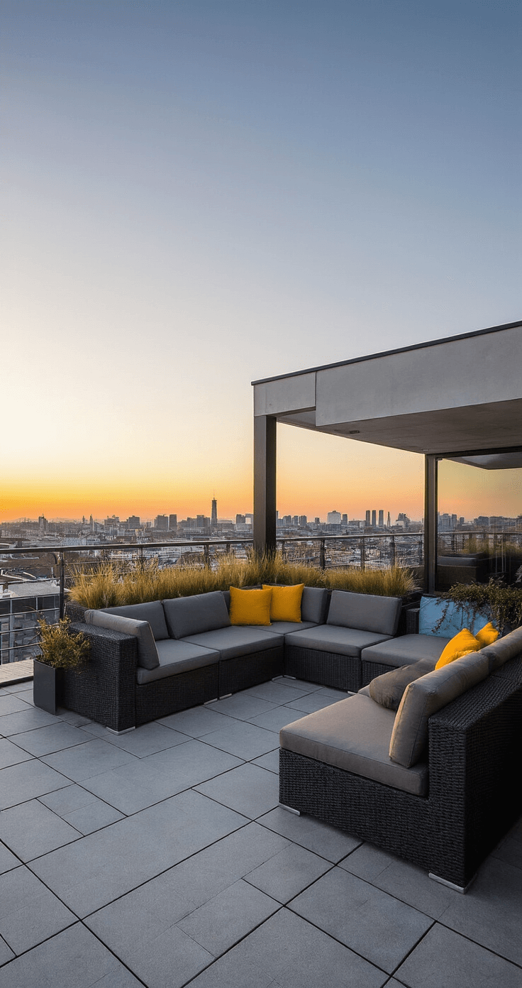 Modern dakterras van 5x6m bij zonsondergang met een modulaire loungeset, antracietkleurige matraskussens en grafische kussens in mosterdgeel en petrol blauw, minimalistische plantenbakken met siergrassen en LED-vloerlampen voor sfeervolle verlichting.