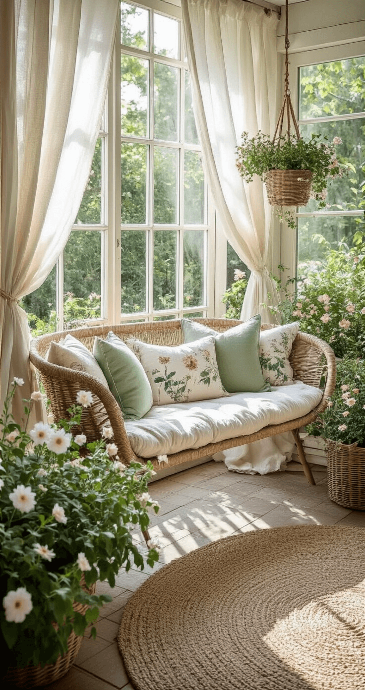 Landelijke veranda met vintage schommelbank, handgemaakt matraskussen in zachtgroen katoen, pasteltint kussens met bloemenprint, rieten manden met veldboeketten, en klimrozen in ochtendlicht.