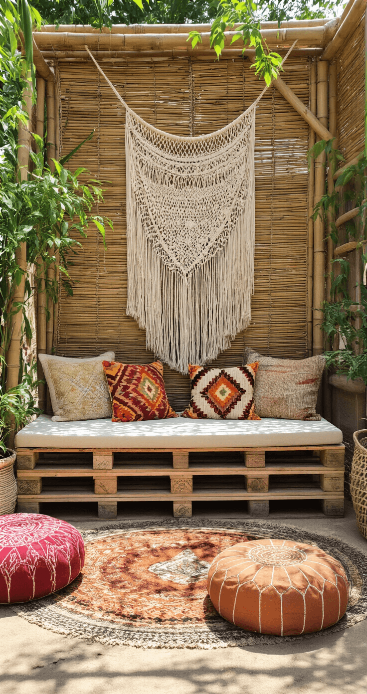 Bohemian tuinhoek met palletbank en kussens in aardetinten, macramé wandhanger, Marokkaanse poefs en een vintage tapijt, gefilterd zonlicht door bamboe zonwering.