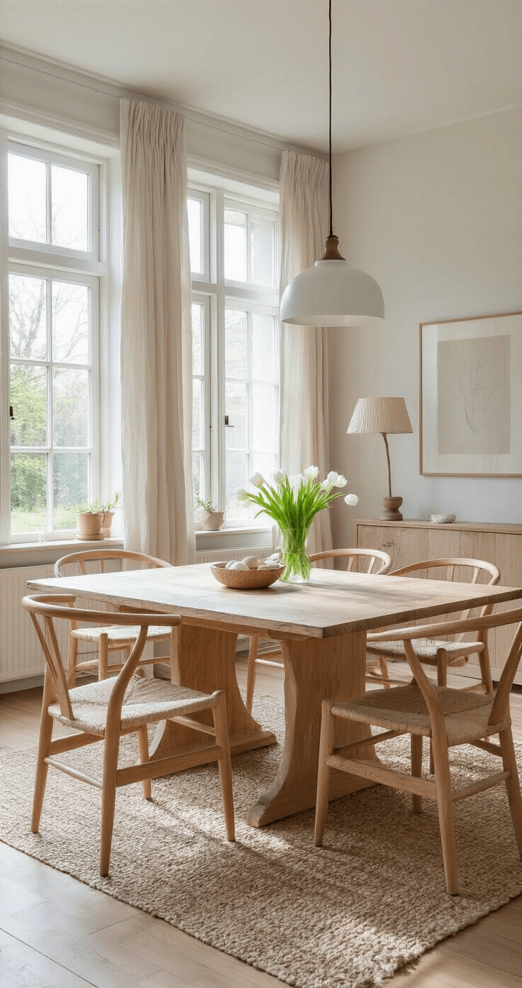 Lichte woonkamer met hoge ramen en witte muren, eiken eettafel met paastafereel, linnen gordijnen, en Scandinavische styling.