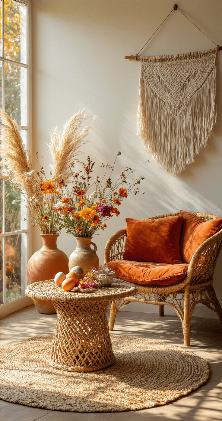 Knusse boho-woonhoek met rotan bijzettafeltje, kleurrijke paasdecoratie en terracotta fauteuil, vastgelegd vanuit laag standpunt in tegenlicht.