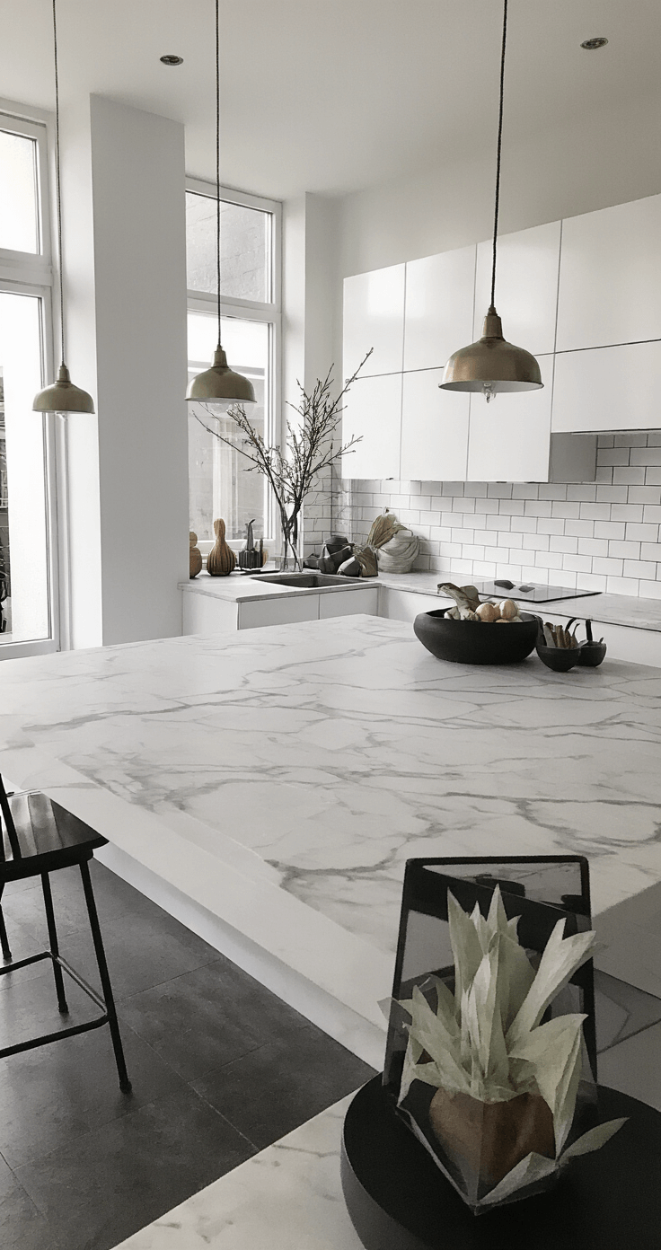 Moderne keuken met marmeren werkblad en witte hoogglans kastjes, belicht door middaglicht. Minimalistische paasdecoratie op het eiland met geometrische paaseieren in metallic tinten en architecturale takken, vastgelegd vanuit een bovenaanzicht met dramatische schaduwwerking.