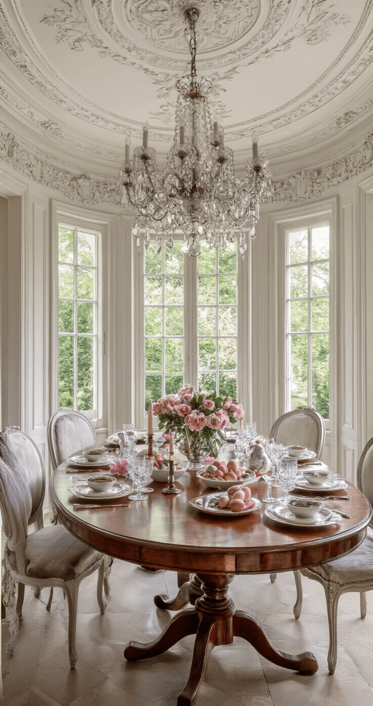 Klassieke eetkamer met kroonluchter en ornamentplafond, verlicht door zachte namiddagzon. Ovale mahonie eettafel met uitgebreid paastafereel, inclusief kristallen schalen, handbeschilderde eieren, verse rozen en zilverkleurige kandelaars. Elegant en traditioneel interieur.