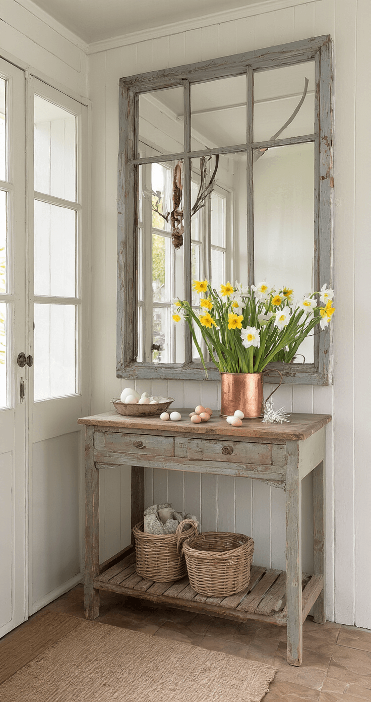Compacte entreehal met vintage kapstok en spiegel, ochtendlicht door matglas deur, antieke consoletafel met gevlochten wilgentakken, pastelkleurige eieren, witte veren en narcissen. Verweerde houten elementen en rustieke sfeer.