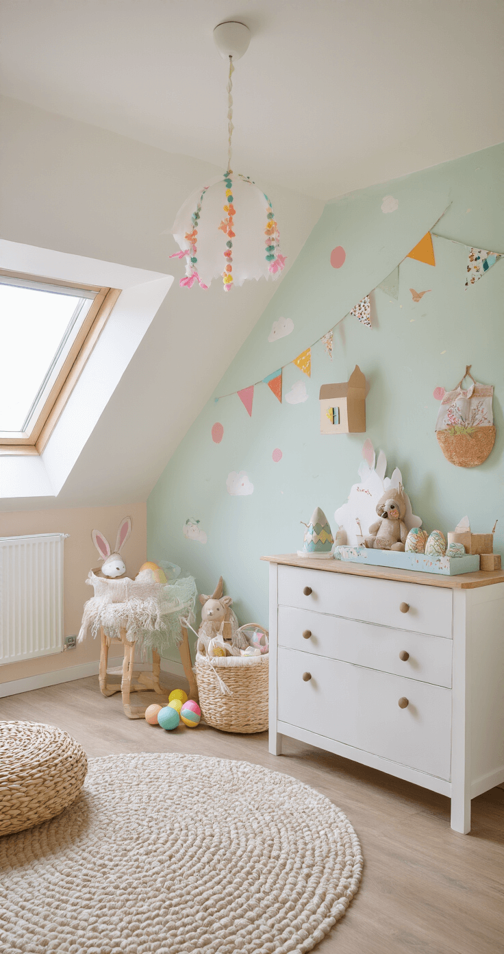 Kinderkamer van 4x5 meter met pastelkleurige muren, middaglicht door een dakraam, en DIY paasdecoratie op een witte ladekast. Speelse elementen zoals handgeverfde kartonnen paasdorp, felgekleurde eieren in regenboogkleuren en zachte knuffels creëren een vrolijke sfeer.