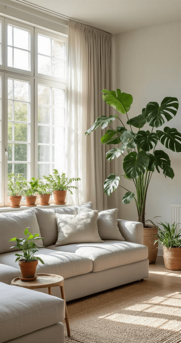 Moderne woonkamer met lichtgrijze hoekbank en Monstera deliciosa in terracotta pot, omgeven door grote ramen en sheer gordijnen. Vintage plantentafel met Pilea's en natuurlijke materialen, in een kleurenpalet van gebroken wit, saliegroen en terracotta.