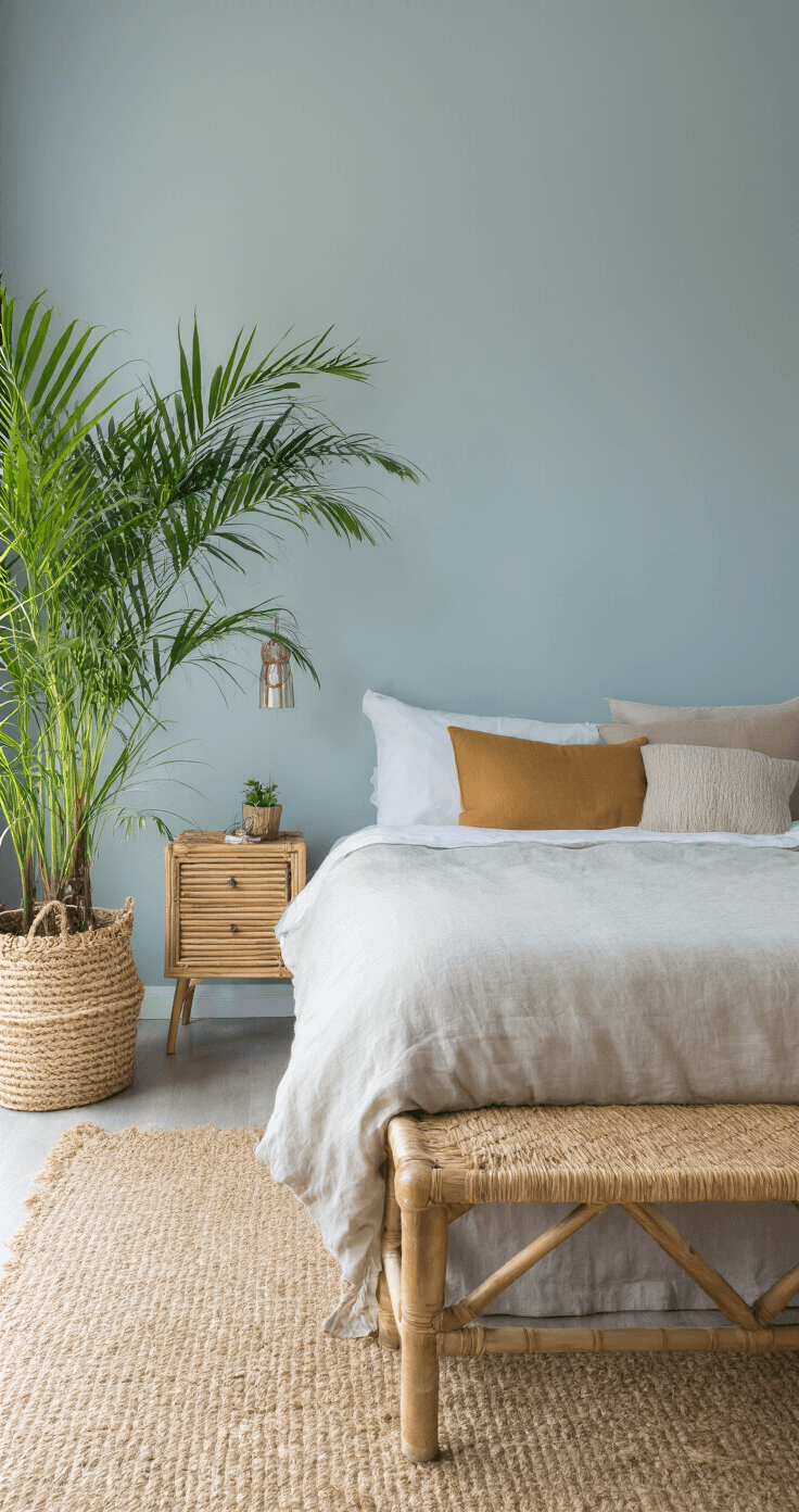 Ruime slaapkamer in ochtendlicht met een Goudpalm in de hoek en linnen beddengoed in warmgrijs. Softblauwe muren, rotan nachtkastje met Tradescantia hangplanten, jute vloerkleed en messingaccenten.