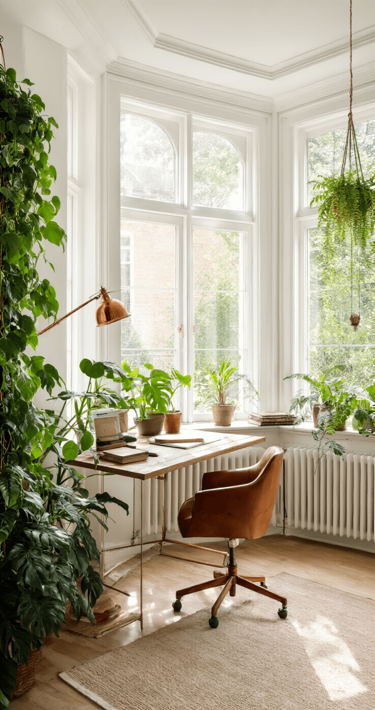 Thuiswerkplek in een erker met een volwassen Philodendron en een vintage houten bureau, verlicht door de middagzon.