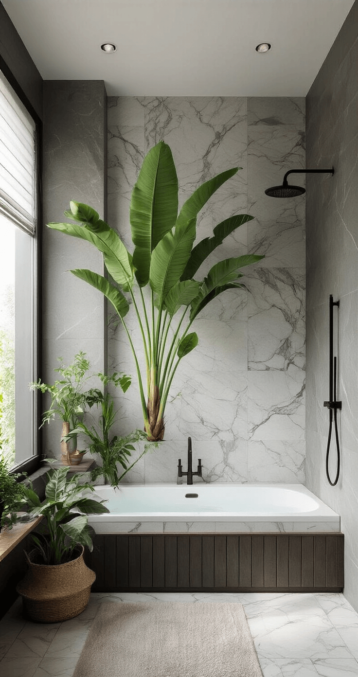 Luxe badkamer met een vrijstaand wit bad, grote bananenplant, marmeren tegels, zwarte kranen en tropische planten op houten planken, verlicht door indirect daglicht.