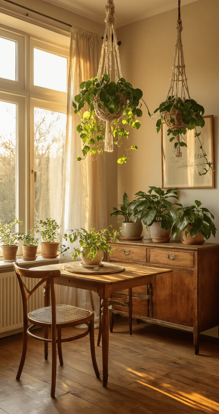 Eetkamer met vintage teakhouten dressoir vol Pilea's, hangplanten in macramé boven de tafel, warme houten vloer en linnen gordijnen, verlicht door gouden avondlicht.