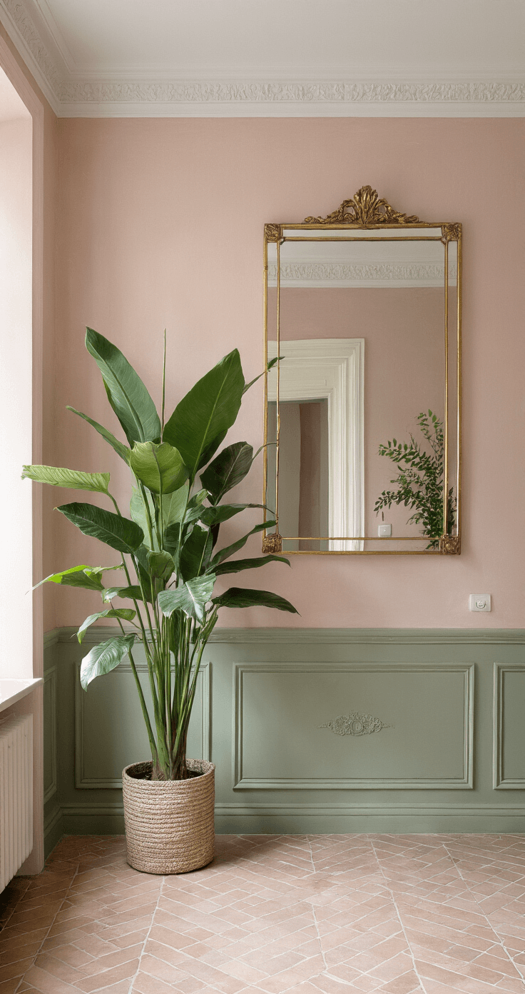 Voorkant van een hal met een hoog plafond, waar een imposante Dieffenbachia naast een grote messing spiegel staat. De terrazzovloer en zachtroze muren zorgen voor een warme uitstraling, terwijl een vintage kapstok met klimplanten een sfeervol accent toevoegt.