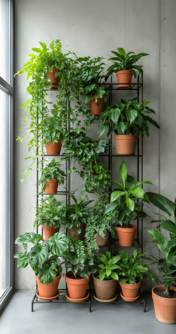 Detailopname van een compacte urban jungle in een loft, met snelgroeiende planten in verschillende hoogtes, waaronder Tradescantia cascade, op industriële metalen rekken. Terracotta en keramische potten staan opgesteld voor een betonnen muur. Het kleurenpalet omvat urban grijs, levendig groen en terracotta, met dramatische zijbelichting.