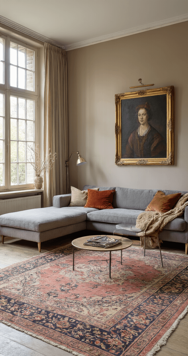 Ruime woonkamer met hoge plafonds en authentieke details, antiek familieportret boven moderne grijze sofa, ochtendlicht door grote ramen, muren in warme greige, vintage Perzisch tapijt in roze/blauwtinten, velvet kussens afgestemd op het portret.