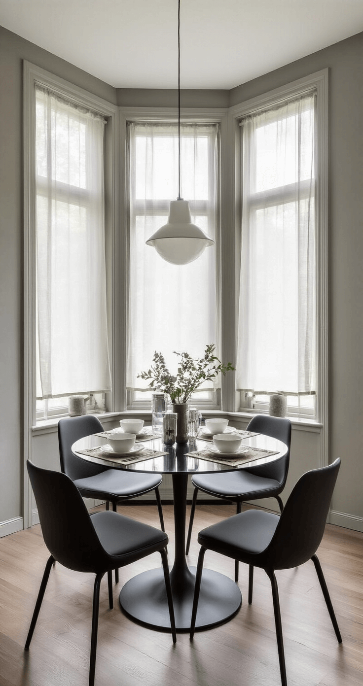 Compacte eetkamer met erker, uitgerust met een massief eiken erfstuk-vitrinekast tegen een lichtgrijze muur. Modern glazen eettafel met zwarte stoelen. Vintage servies in vitrine verlicht door namiddaglicht dat door sheer gordijnen filtert. Botanische prints aan de muur. Breed perspectief vanuit de hoek weergegeven, met een tijdloos elegante sfeer.