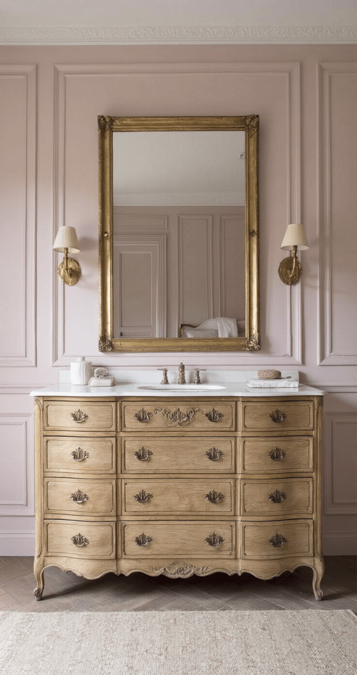 Sereene klassieke slaapkamer met notenhouten erfstuk-commode, poederroze muren, antieke spiegel en wandlampen, zacht verlicht door de avondzon.