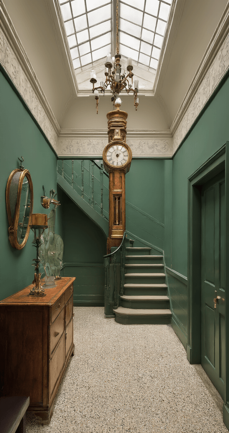 Ruime hal met een monumentale trap en een grootmoeders staande klok uit 1920 in mahonie als focuspunt, indirect daglicht via een bovenlicht, terrazzo vloer en diep groene wanden. Moderne messing kapstok en vintage spiegels creëren een statige en verwelkomende sfeer, gefotografeerd vanuit een laag standpunt omhoog.