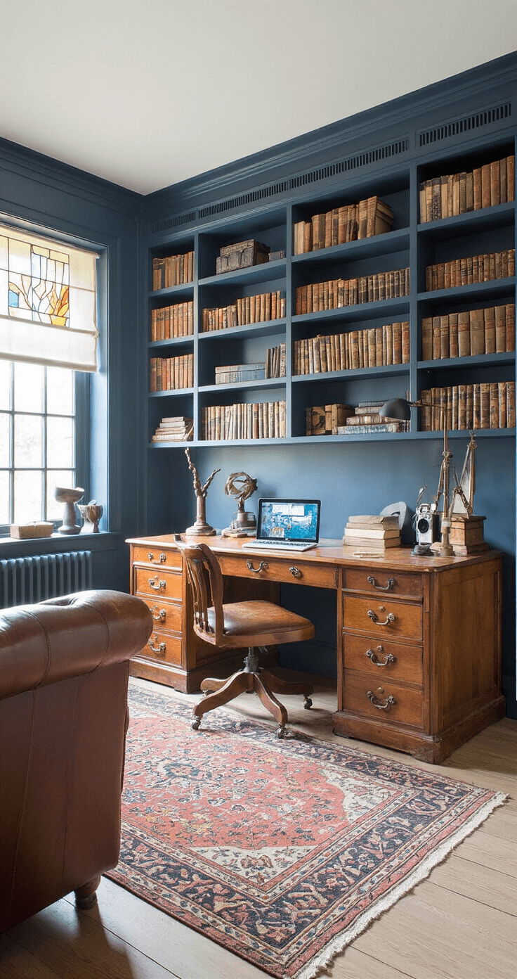 Studiecamera met ingebouwde boekenkasten, een centraal geplaatst erfstuk-bureau in palissander, ochtendlicht dat door glas-in-lood valt, inktblauwe muren en een mix van antieke en moderne bureauaccessoires. Een vintage leren fauteuil complementeert de intellectuele en geconcentreerde sfeer, gezien vanuit het bureau richting het raam.