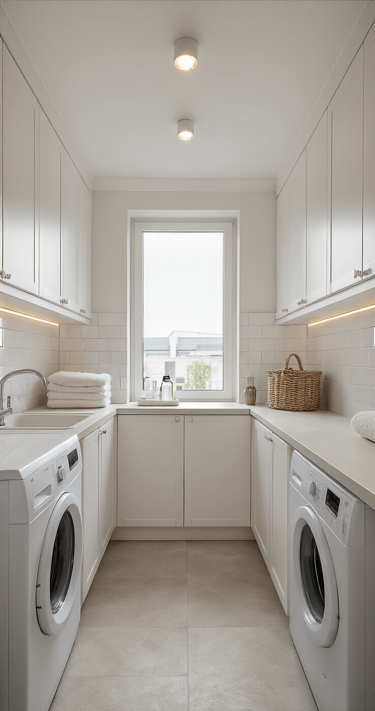 Een compacte wasruimte met hoge witte inbouwkasten, ochtendlicht dat weerkaatst op glanzende fronten, een verhoogde wasmachine en droger in een maatwerkkast met lichtgrijs werkblad, LED-spots voor zachte verlichting, naturel eiken plank met rieten wasmanden en glazen potten, en een mint groene muurverf die contrasteert met de witte kasten.