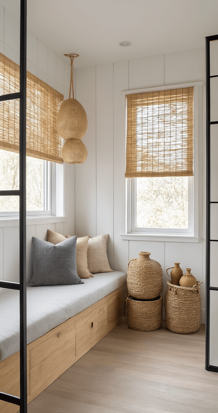Minimalistische washoek van 2.5x2.5m met Japandi elementen, ochtendlicht door bamboe rolgordijn, inbouwkasten van warm houtfineer, zwart stalen frame met houten planken, visgraat PVC vloer, zachtgrijze wanden, rieten manden en keramische potten.