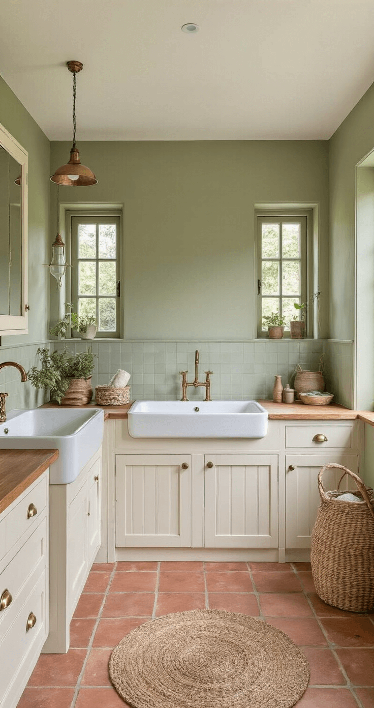Landelijke wasruimte van 3x3m met karaktervolle details, crèmekleurige shaker-style kasten, houten werkblad en porseleinen wasbak, natuurlijk licht van kleine ramen, terracotta vloertegels en sage groene muren, afgewerkt met linnen gordijnen en gevlochten manden.