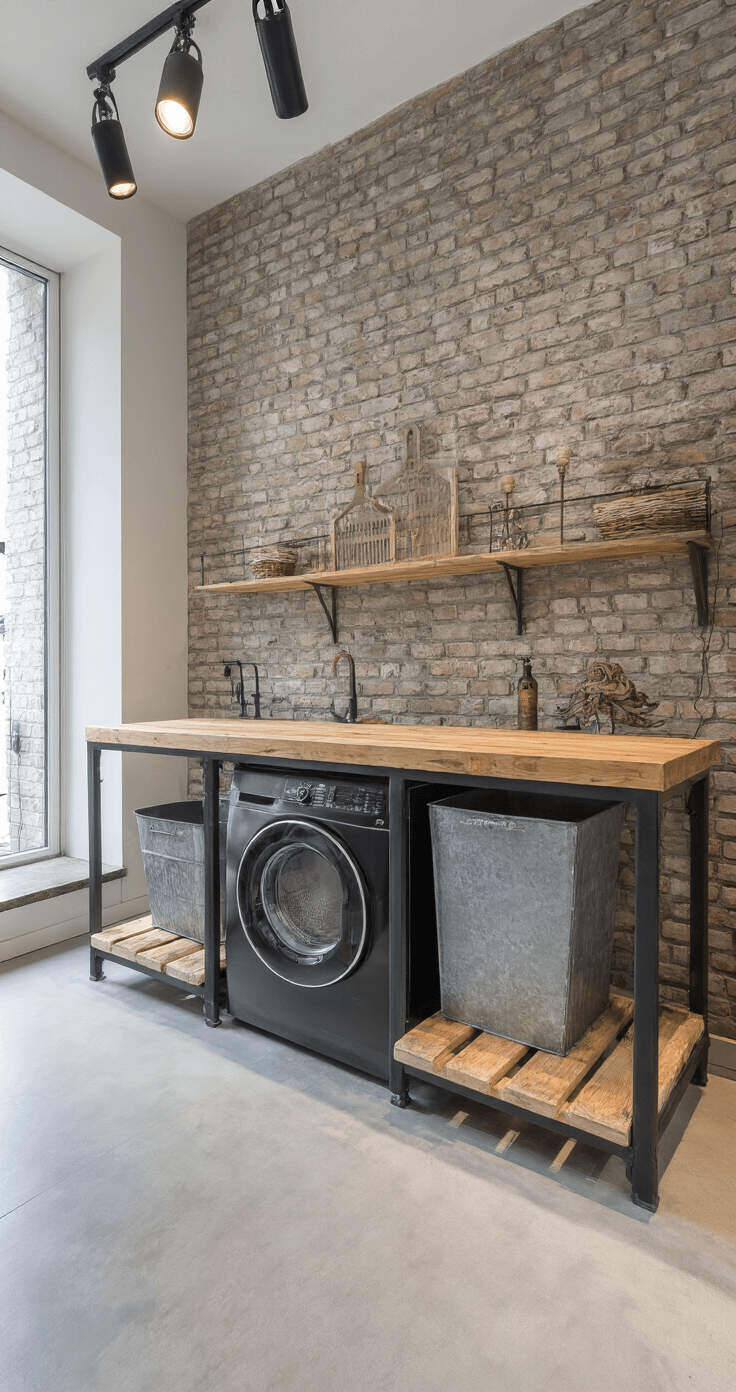 Industriële wasruimte van 2x4m met urban elementen, zwart stalen framewerk, houten legplanken, betonlook werkblad, microcement vloer en bakstenen accentmuur, verlicht door spotlights. Decoratie met metalen wasmanden en vintage emaillen borden.