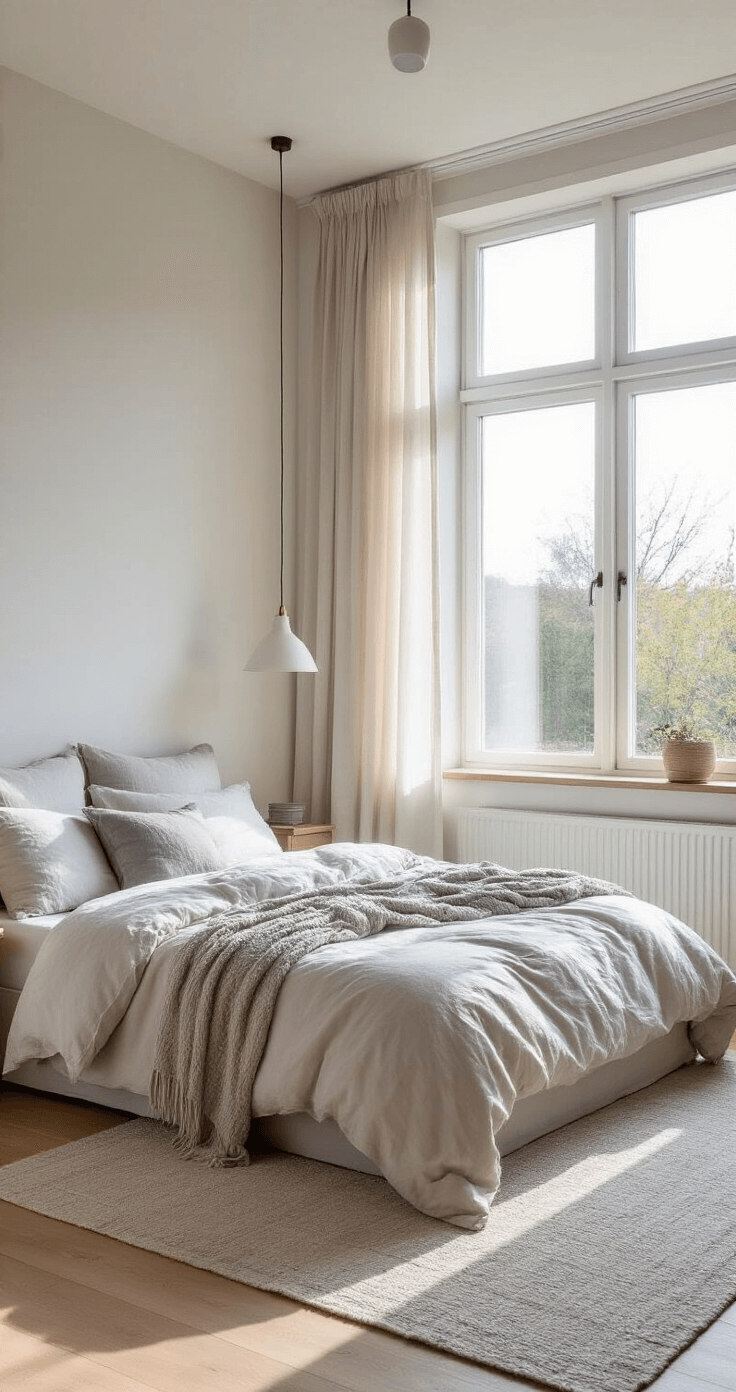 Moderne slaapkamer in de ochtendzon met een opgemaakt bed, eiken vloer, en hoge ramen met linnen gordijnen.