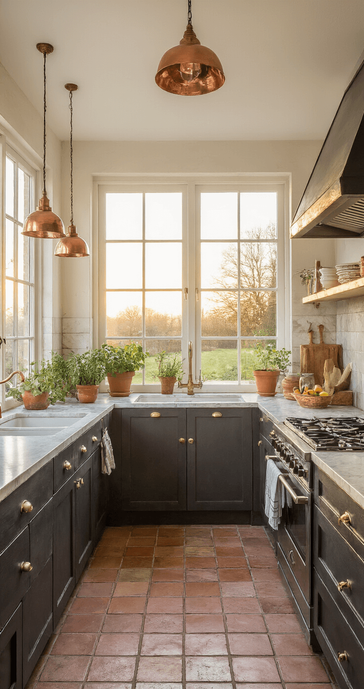 Moderne woonkeuken met marmeren keukeneiland, koperen hanglampjes en geïntegreerde vaatwasser in matzwarte kastenwand. Terrazzovloer met warme ondertonen en een industriële kraan in geborsteld messing. Versierd met terracotta potten met kruiden, houten snijplanken en linnen theedoeken in aardetinten, gefotografeerd tijdens het gouden uur vanuit vogelperspectief.