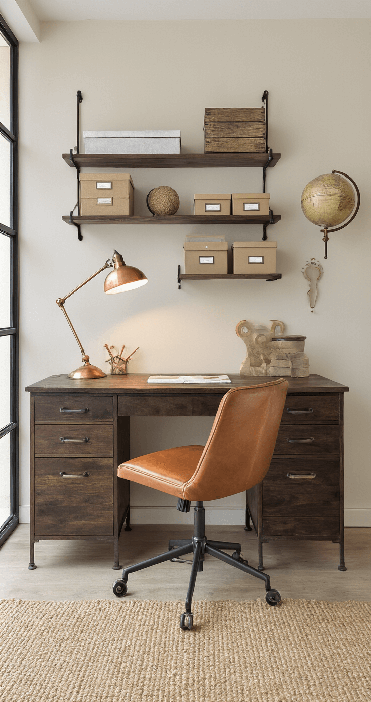 Compact thuiskantoor met georganiseerd bureau van donker walnoothout, ergonomsiche cognackleurige leren stoel, zwevende planken met gelabelde mappen, designaccessoires, jute vloerkleed, koperen bureaulamp, vintage globe en raam met industrieel zwart frame in middaglicht.