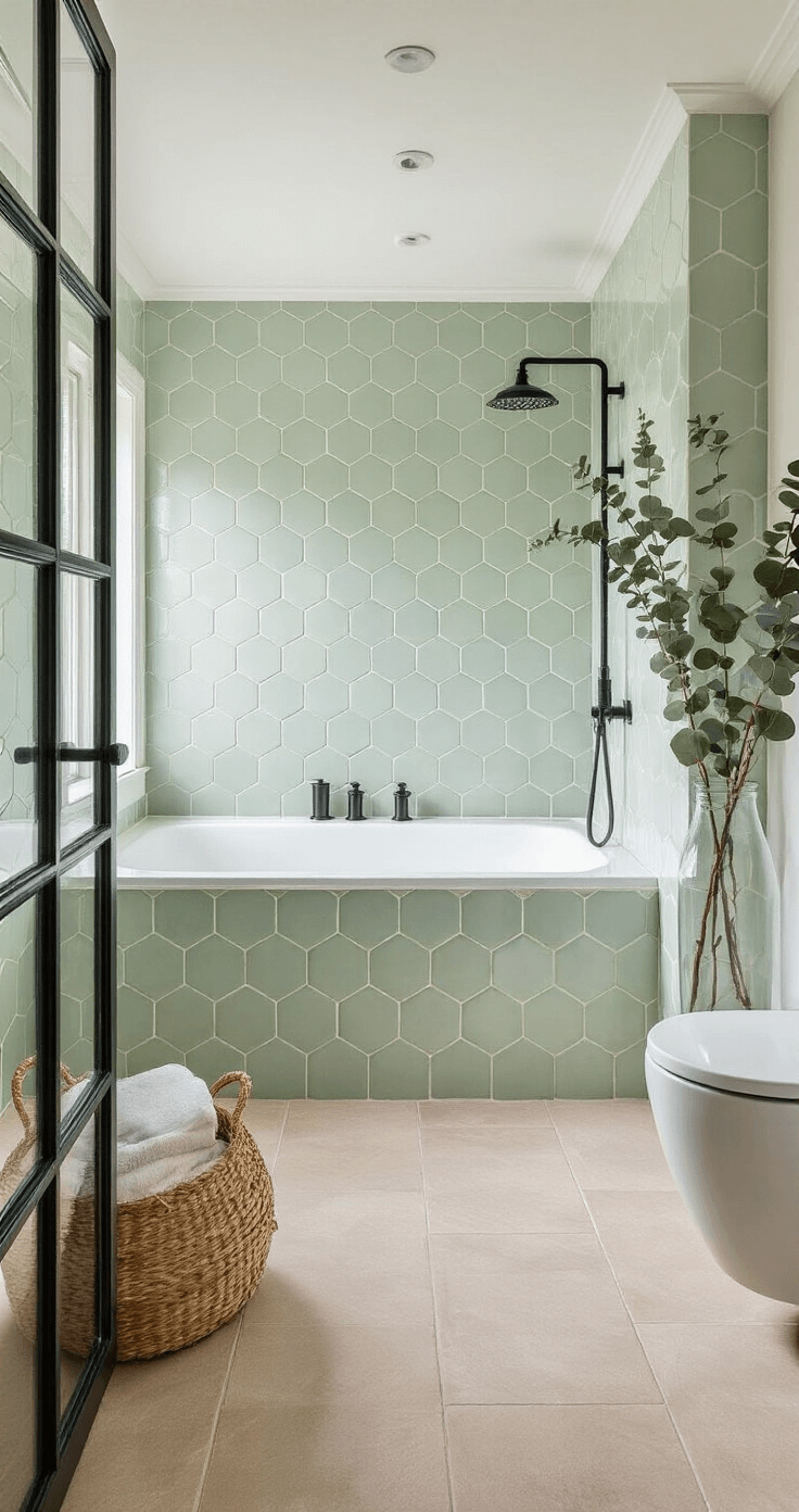 Serene badkamer in zachte ochtendschemering met hexagonale wandtegels in zachtgroen, opgevouwen handdoeken in een linnenkast, een vrijstaand bad op een terrazzovloer, zwarte kranen, en details zoals eucalyptustakken in een glazen vaas en handgemaakte zeep op een houten plank.