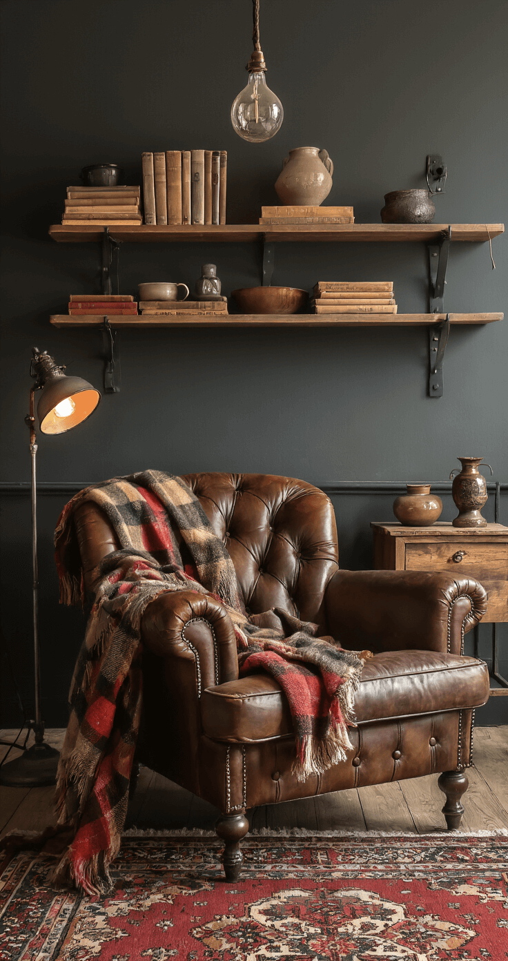 Knusse leeshoek met vintage leren fauteuil, industriële staande lamp, authentieke houten vloerdelen, Perzisch tapijt en zwevende boekenplanken in mat zwart. Warme spotverlichting en styling met wollen plaid, keramische koffiekop en gedimde lampjes.