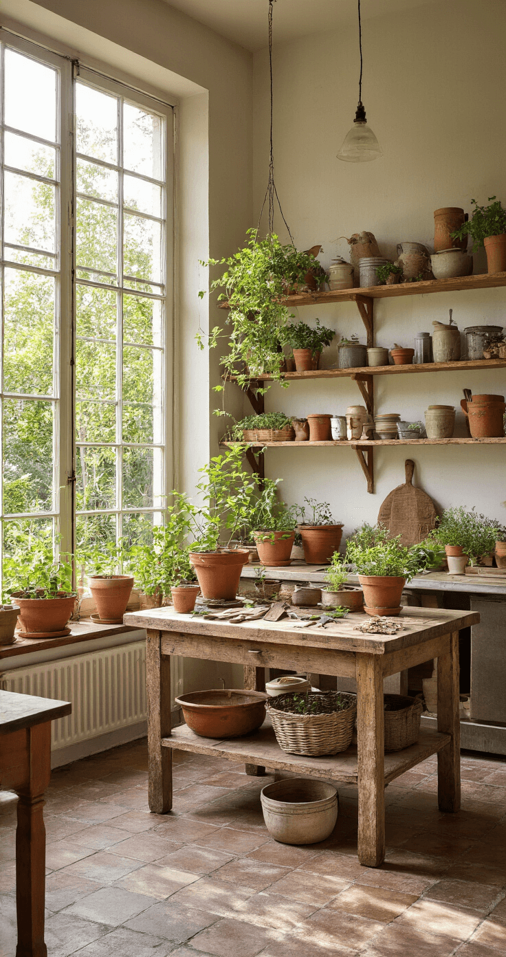 Een lichte glazen serre met een rustieke keuken op de achtergrond, gevuld met terracotta potten met kruiden en stekjes. Vintage houten plankenrekken langs de muren en een verweerde houten werktafel met tuingereedschap en zaailingen, verlicht door de ochtendzon.