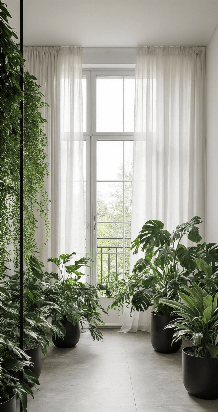 Een modern minimalistisch thuiskantoor van 6x8 meter met grote raampartijen en middaglicht dat door semi-transparante gordijnen filtert. Strakke zwarte metalen plantenstandaards ondersteunen een weelderige urban jungle met monstera's en varens in matzwarte designpotten, alles in een wit-grijs-zwart kleurenschema met levendige groentinten. Beeld vanuit vogelperspectief voor maximale dieptewerking.