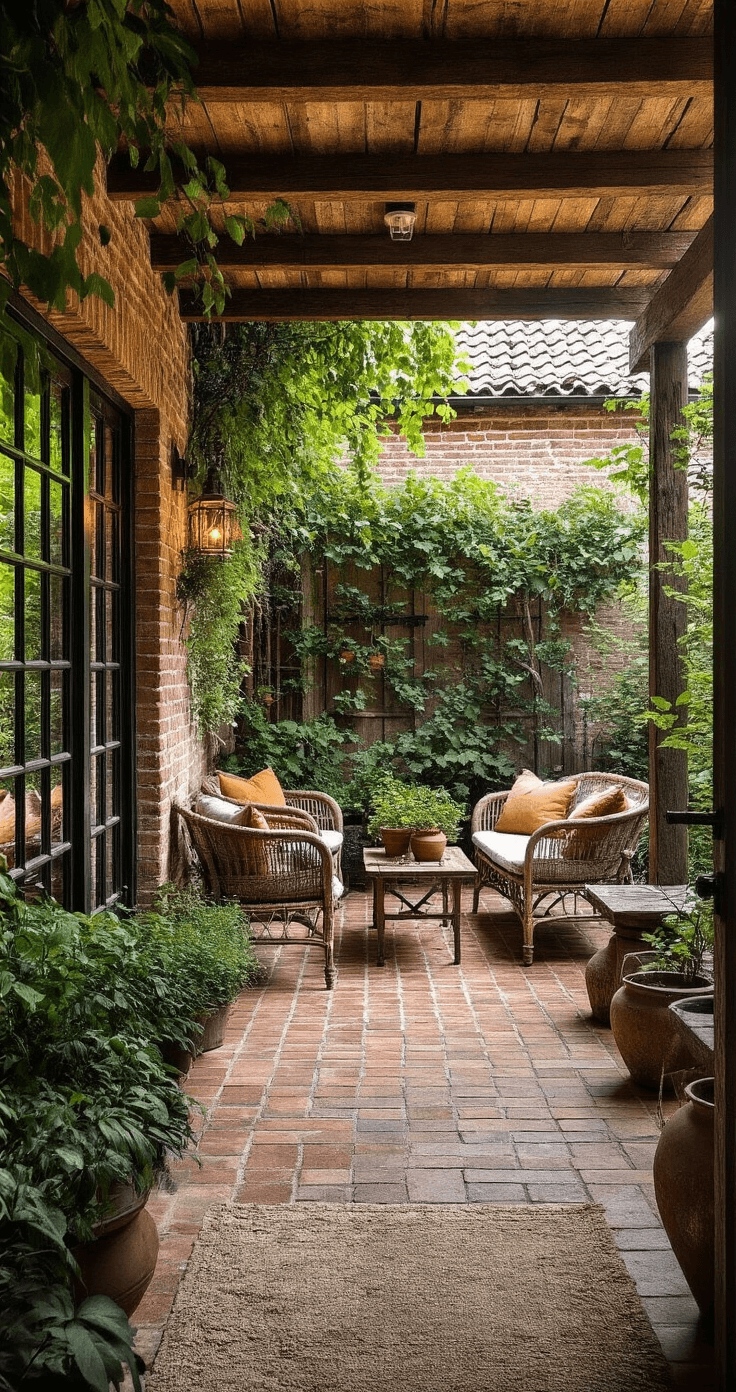 Rustieke tuinkamer met oude bakstenen muren, houten balkenplafond, vintage tuinmeubels en handgemaakte planthangers in schemerlicht met warme spotverlichting.