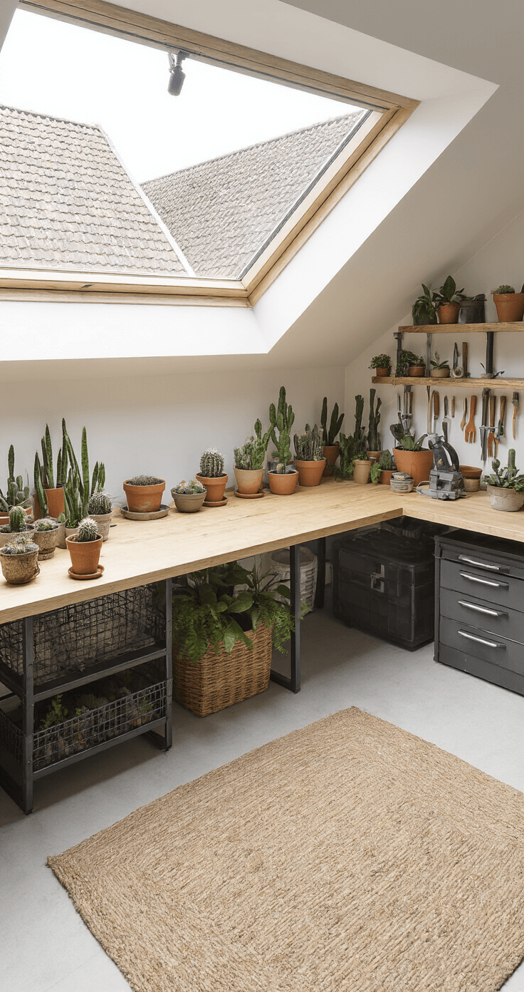 Afbeelding van een botanische thuisstudio van 3x4m met een grote werkbank onder een dakraam, waar natuurlijk daglicht op kleine vetplanten en cactussen in keramische potten valt. Industriële metalen rekken met gereedschap en plantenverzorging zijn zichtbaar, alles in een neutrale basis met aardse accenten, gefotografeerd vanuit een schuine bovenaanzicht voor een technische sfeer.