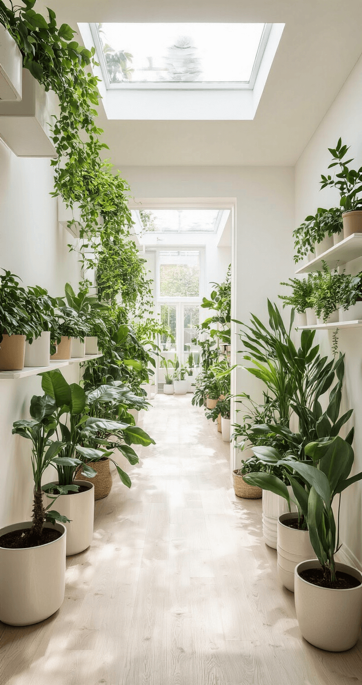 Een lichte Scandinavische plantengalerij met witte muren en een licht houten vloer. Ochtendzon valt door dakramen op minimalistische witte plantenrekken met geometrische potten en groene bladplanten. Symmetrische compositie met een luchtig kleurenpalet en natuurlijke accenten.