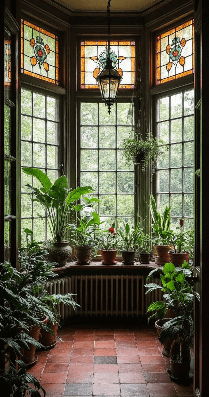 Een vintage plantenkamer van 5x5 meter met klassieke architectuur, grote erker en antieke plantentafels. Het daglicht valt door glas-in-loodramen op Victoriaanse plantenstandaards en terrariums met varens. Rijke donkere houtsoorten en fluwelen textiel in klassiek groen met dieprode accenten, vanuit een dramatisch diagonale camerahoek vastgelegd.