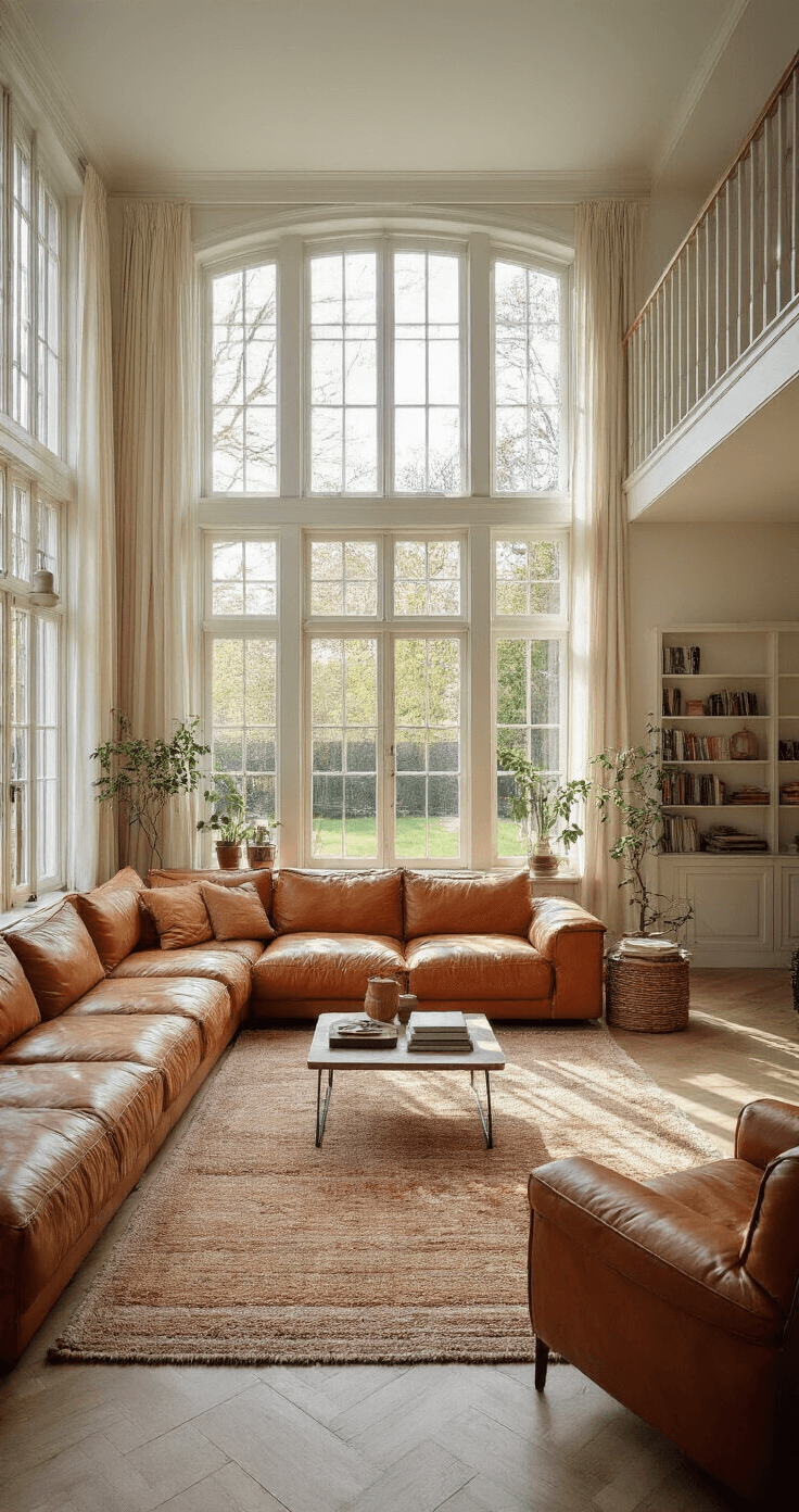Ruime woonkamer van 6x8m met hoge plafonds en grote ramen, gevuld met middaglicht. Centraal een cognackleurige leren bank op een rond wollen vloerkleed in aardetinten. Zachte natuurlijke belichting en messing wandlampen creëren een warme sfeer.